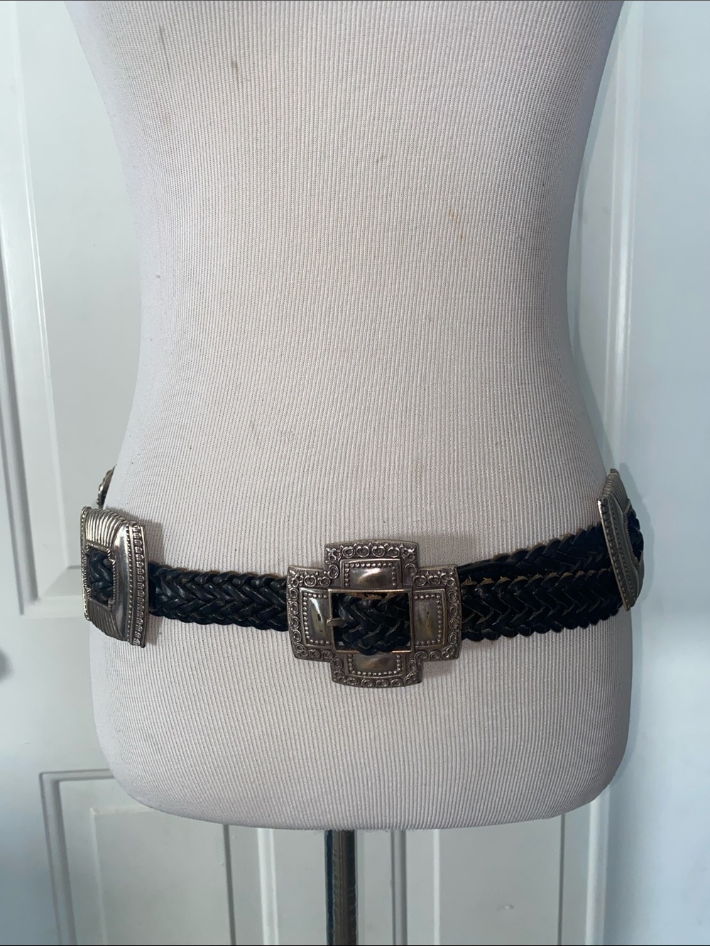 Vintage 1994 Brighton Woven  Black Leather Belt Silver Large Buckles Conchos L